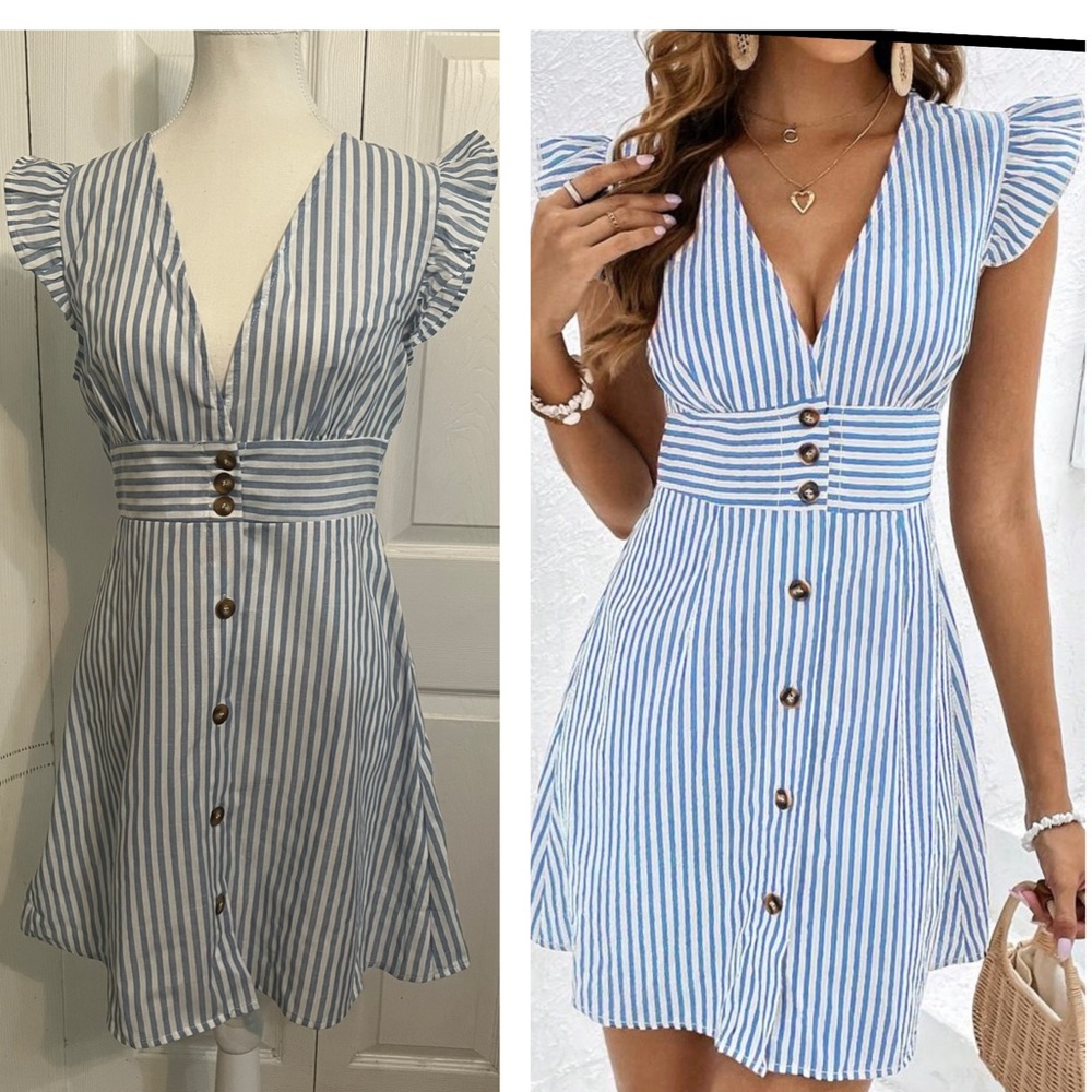 Flutter Sleeve Striped Blue & White Dress Petite Medium PM V Neck Buttons Shein